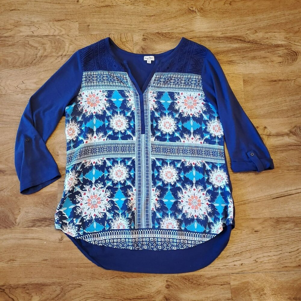 Chip & Pepper Boho Top, Womens Size S, Navy Blue Red, 3/4 Sleeves, Peasant